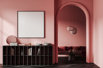 Square poster in pink living room with dresser and sofa - obrazy, fototapety, plakaty