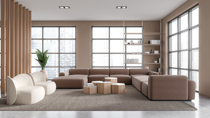 Fototapeta premium Spacious beige living room interior