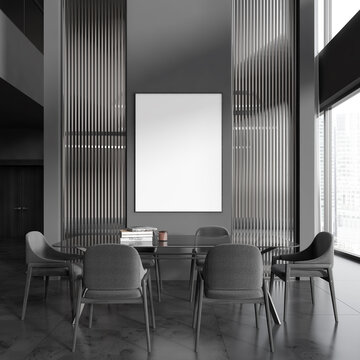Gray and glass dining room with poster