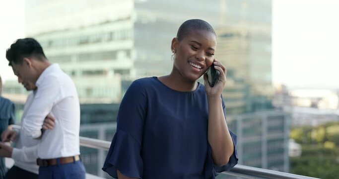 Phone call, communication and black woman at a meeting with a phone for networking, discussion and planning on a balcony. Talking, smile and employee with a mobile conversation during a work strategy