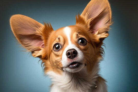 A picture of a cute dog with ears that hang down and a tongue that sticks out. The feeling of surprise that a Phalen puppy has. A duplicate of the area. Close up. Front view. Vertical position. Select