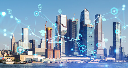 New York cityscape, IOT with diverse icons and business technology