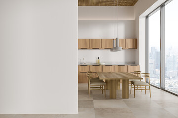 Panoramic white kitchen interior with cabinets and table - obrazy, fototapety, plakaty