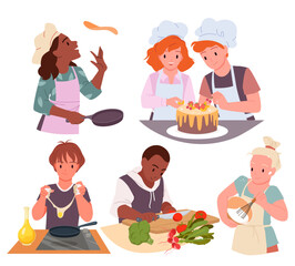 A vector illustration of a kids cooking set. Cartoon-style cute and funny boys and girls dressed in chefs aprons and hats, preparing gourmet pancakes, eggs, and vegetables