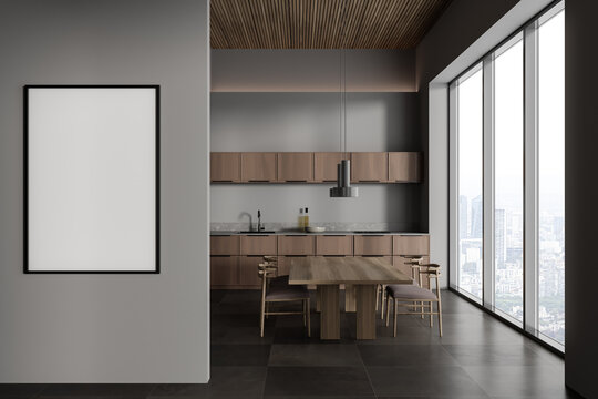 Grey kitchen interior with eating table and cooking area. Mockup frame