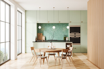 Stylish kitchen interior with dining and cooking zone, bar island and window