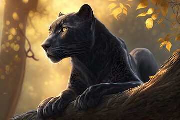 Panther in black sitting on a branch, gazing upwards towards the sun. Generative AI