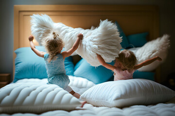 Cheerful little girls and boys playing with white feathers while lying in bed. A kid in pajama has a positive expression on her face during playing games in the morning. Generative AI