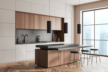 Beige kitchen interior with bar countertop and cooking space, panoramic window
