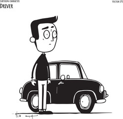 Hand drawn vector cartoon illustration of car driver with a car