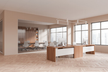 Beige office room interior with coworking and conference zone, panoramic window