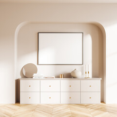 Horizontal poster in white room with niche and dresser