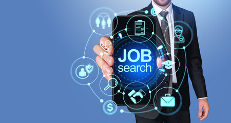 Businessman show phone with job search hologram, glowing busines