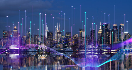 New York skyline and rising arrows, smart city and digital connection