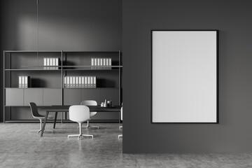 Grey business room interior with meeting table and shelf. Mockup frame
