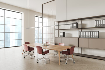 Light business room interior with meeting table and chairs, panoramic window