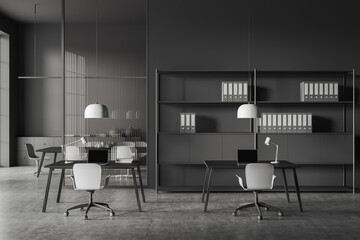 Grey business interior with table and laptop, shelf and conference room