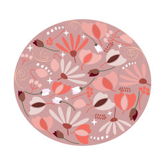picture with flowers of poppies, chamomile, tulips in a flat style placed in a circle for a cover, invitation