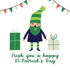 Saint Patrick's Day vector illustration concept leprechaun with gift and typography. Flat illustration clipart for print design