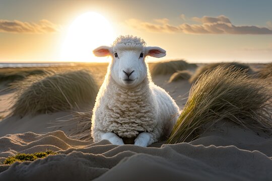 A picture of a white sheep in the morning light. Lamb staring at camera. German sheep in the sun on the island of Sylt in the North Sea. Sheep contemplate. Generative AI