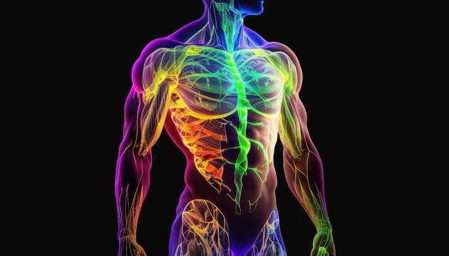 Translucent human body muscles colorful neon glowing on dark background, man bodybuilding muscle building concept, anaerobic exercise. Multicolored male body fascia muscles, generative AI