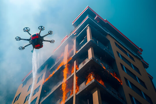 Fire fighting drone flying for extinguish a fire on a residential high building against urban scene. The fire on the upper floors was quickly localized. Generative AI