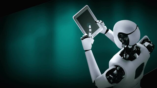 Futuristic robot artificial intelligence huminoid AI programming coding technology development and machine learning concept. Robotic bionic science research for future of human life. 3D rendering.
