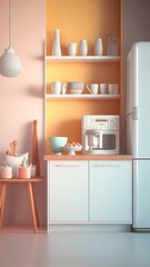 Minimalistic kitchen interior in colors, photorealistic illustration, Generative AI