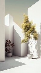 Plants with minimalistic walls, color contrast between elements, photorealistic illustration, Generative AI