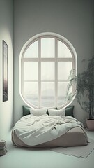 Bedroom interior with a window in light green, photorealistic illustration, Generative AI