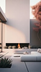 An outdoor fireplace in a minimalistic house, photorealistic illustration, Generative AI