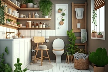 Kitchen interior design in contemporary house decor with rattan toilet, chair, food, herbs, and veggies. Template. Generative AI