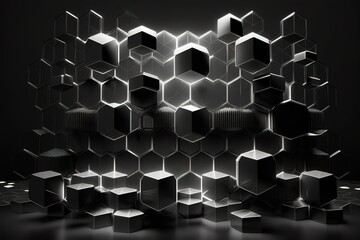 Black background of hexagons of different heights, top lighting. Technological backdrop. 3d Rendering.