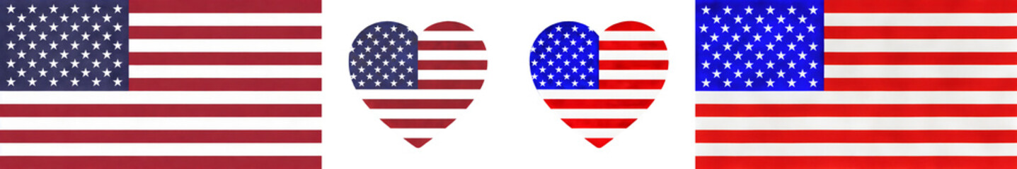 US American national flag. USA United States of America grunge watercolor heart set