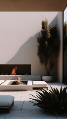 Outdoor fireplace in the backyard, photorealistic illustration, Generative AI