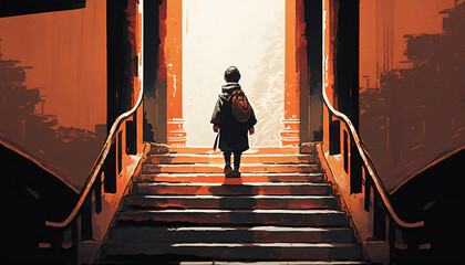 Vector Art of a Young Boy Climbing Up the Stairs to the Torii Gate in a Surreal Environment, Generative AI