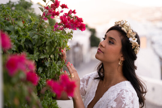 Lady and red flowers