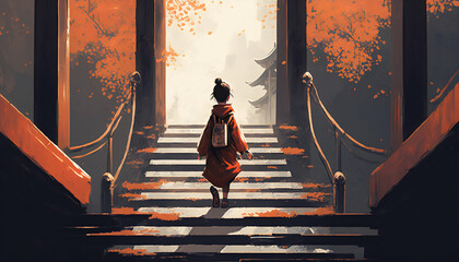 Vector Illustration of a Young Boy Climbing the Stairs to the Torii Gate in a Mystical Setting, Generative AI
