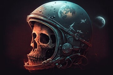 Illustration of a skull wearing an astro helmet. Generative AI