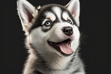 Puppy siberian husky posed with its mouth open for portrait. The dog has his head turned to the right. Generative AI