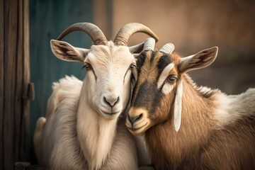 Funny, cozy, sweet, and tender goats, one leaning on the other. Color outdoor wildlife animal portrait of couple. Generative AI