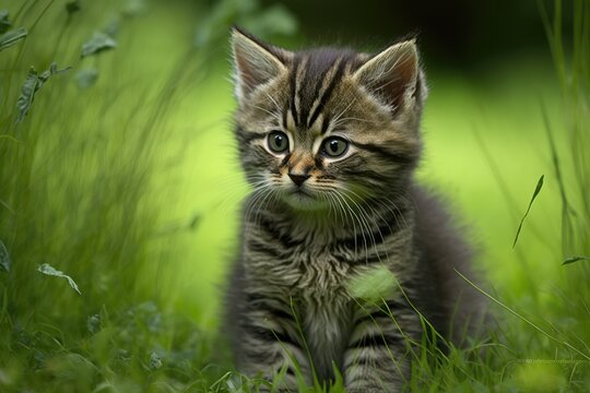A picture of a small kitten sitting in green grass in the woods. Generative AI