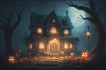Fototapeta na wymiar Illustration of a frightening home for Halloween with pumpkins. Illustration of a realistic Halloween event. Generative AI