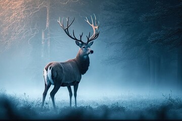 A beautiful deer with big horns stands at the edge of the forest in the early morning fog. Generative AI