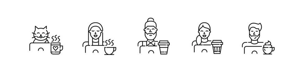 People and cat having coffee while working at laptop. Pixel perfect, editable stroke line icons