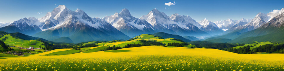 Fototapeta na wymiar a painting of a valley with mountains in the background, color field, mountain behind meadow, mountains background, alpine scenery, generative ai