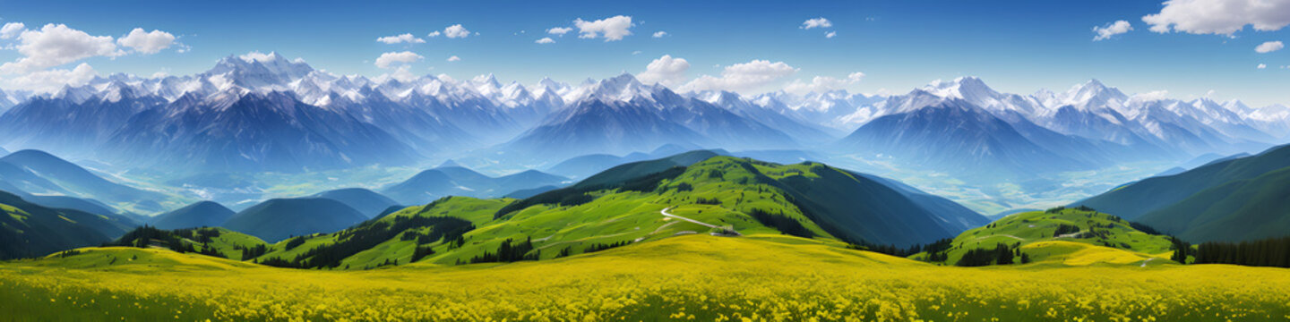 a view of a mountain range with a valley in the foreground, color field, alpine scenery, swiss alps, beautiful landscape background, generative ai
