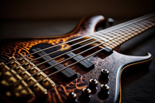 A bass guitar's fretboard is shown up close against a dark, blurry background. Generative AI