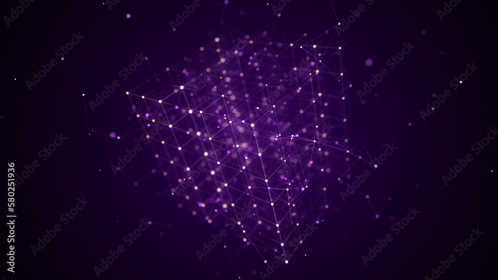 Poster Futuristic cube with connected particles in cyberspace. Technology blockchain concept. Big data flow connections. Visualization of the dynamic flow of the cryptocurrency industry. 3D rendering.