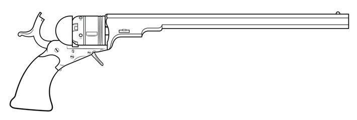 Vector illustration of the 1836 Colt Paterson revolver with cocked hammer and long barrel on the white background. Right side.